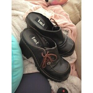 L.E.I. Vtg Y2K Brown Faux Leather Chunky Platform Lace Up Heeled Mule Shoes Sz9